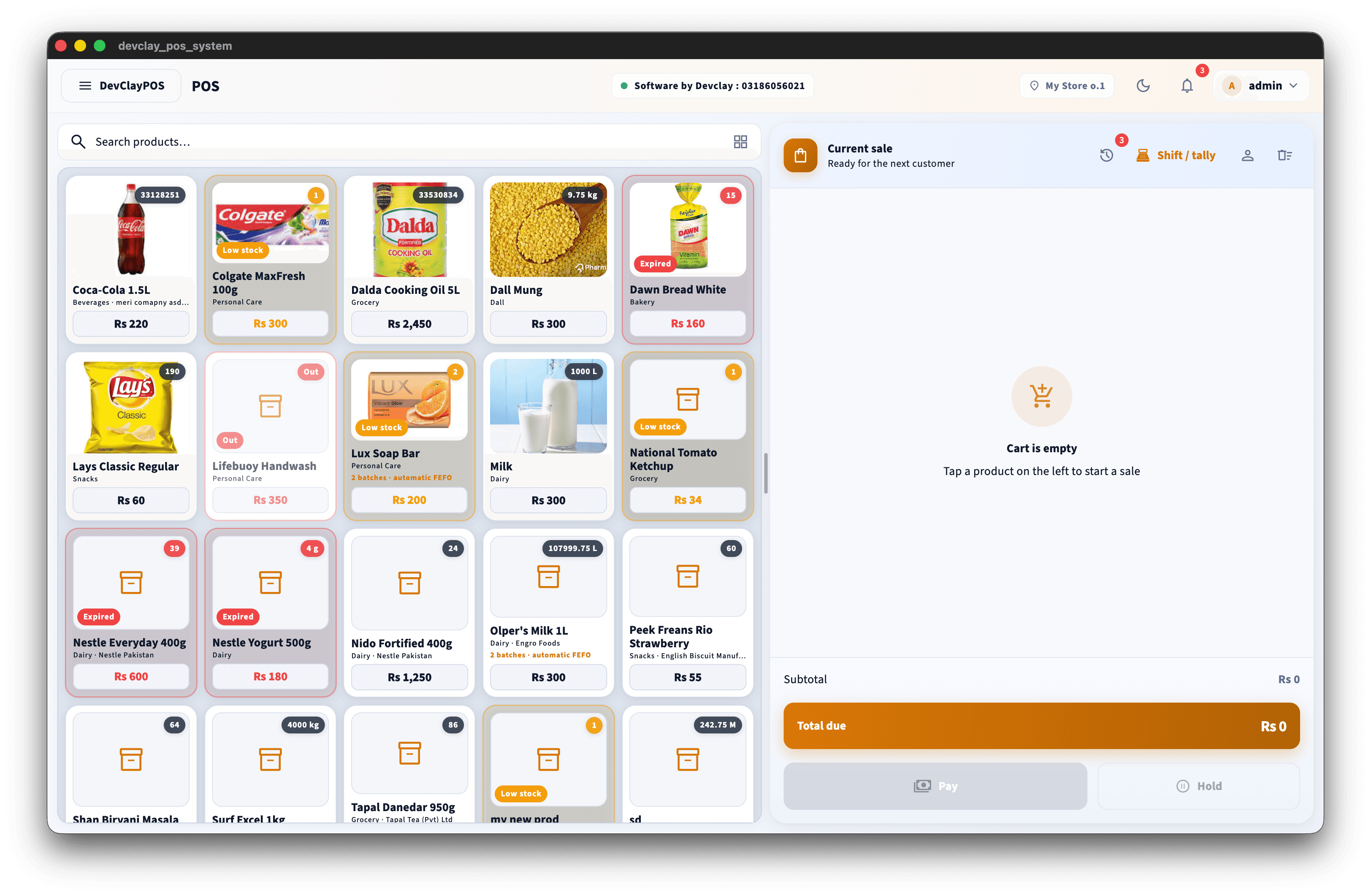 DevClayPOS checkout screen at a retail counter